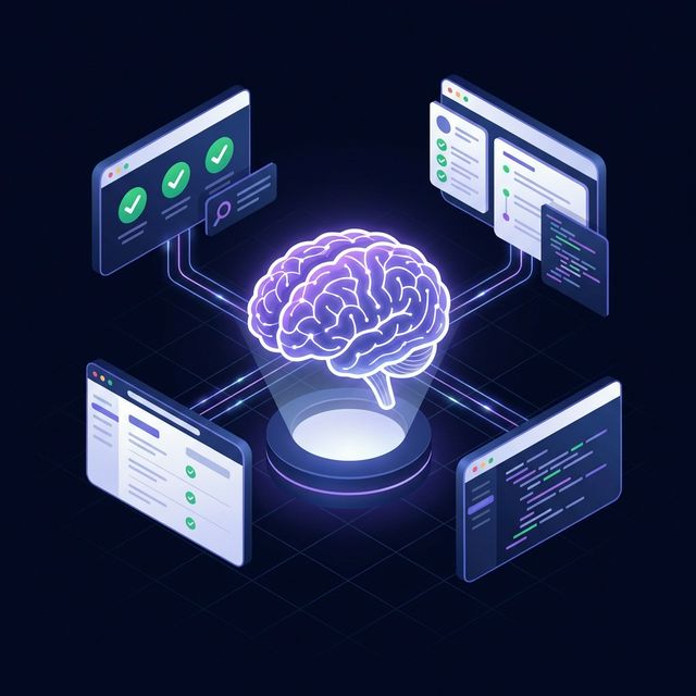 AI brain connected to browser windows with test results